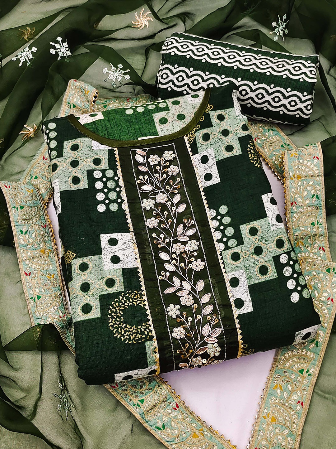 

KALINI Embroidered Pure Cotton Unstitched Dress Material, Green