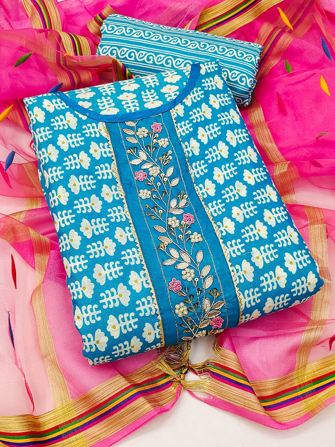 

KALINI Embroidered Pure Cotton Unstitched Dress Material, Blue