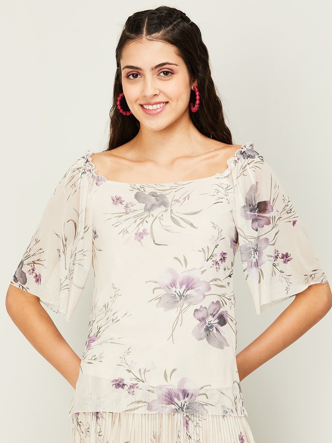 

CODE by Lifestyle Floral Print Square Neck Top, Beige