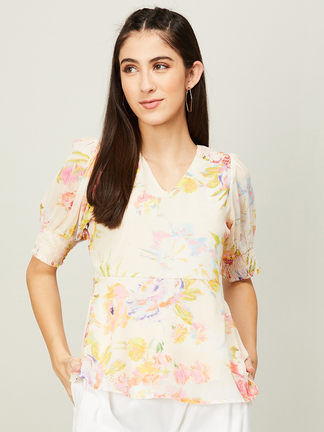

CODE by Lifestyle Floral Print Smocked Styled Back Top, Beige
