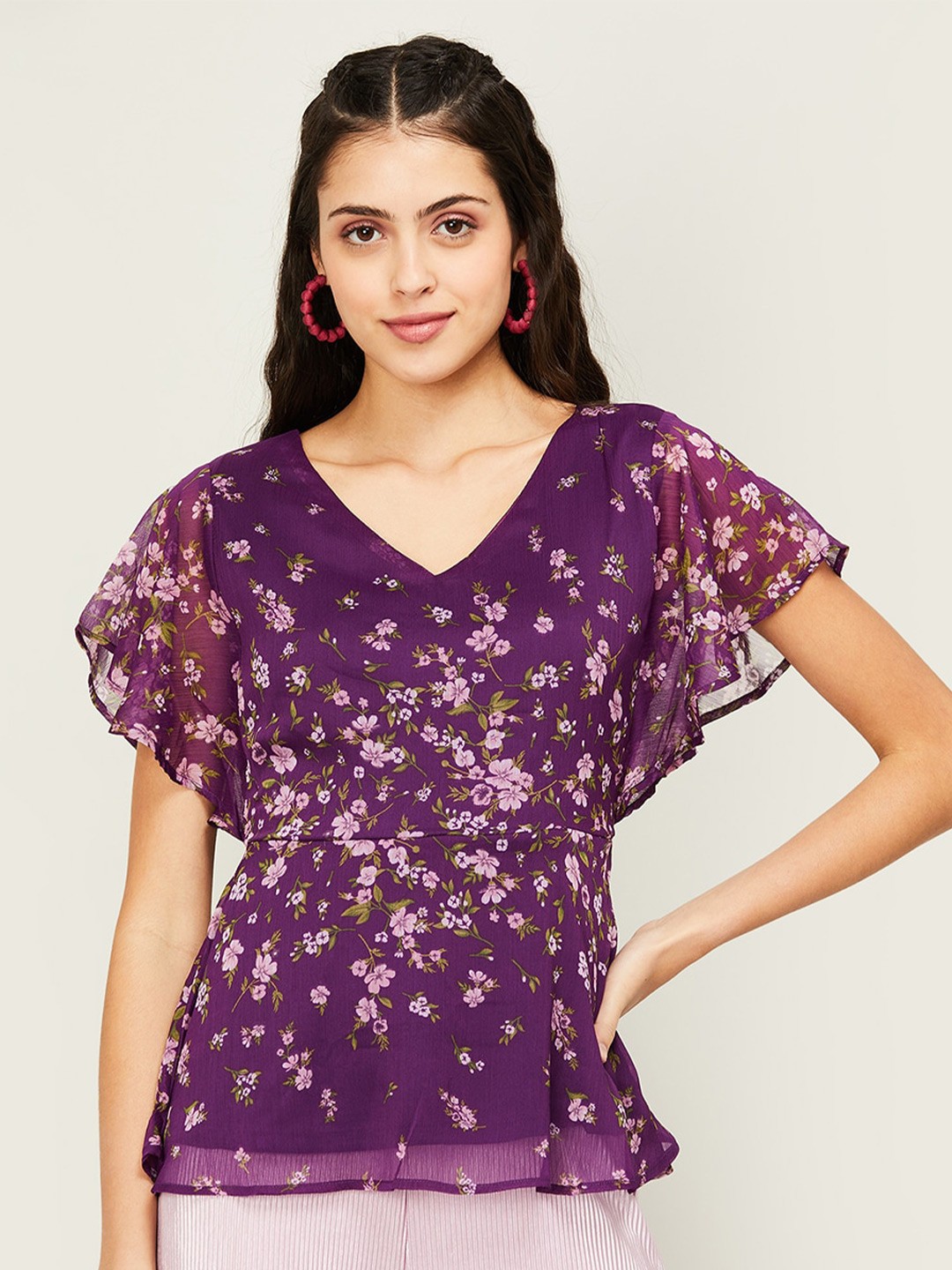 

CODE by Lifestyle Floral Print V-Neck Peplum Top, Purple