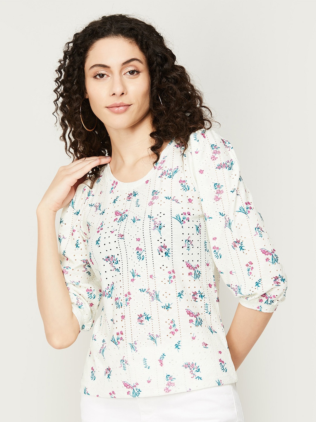 

CODE by Lifestyle Floral Print Round Neck Puff Sleeves Regular Top, White