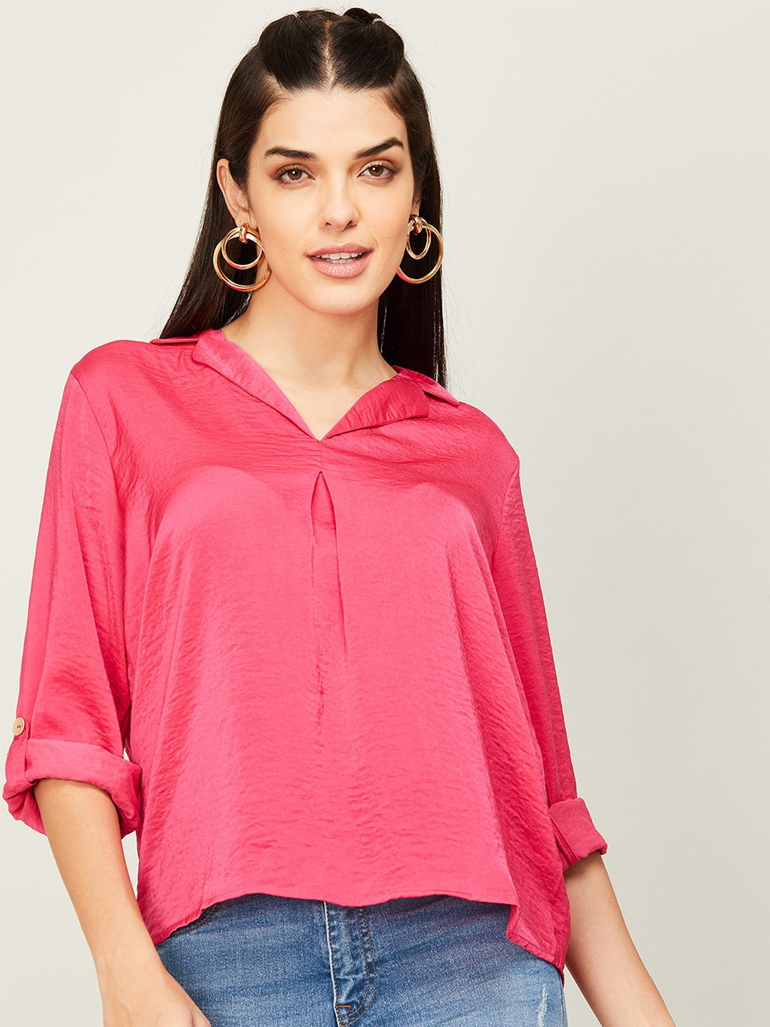 

CODE by Lifestyle Roll-Up Sleeves V-Neck Top, Fuchsia