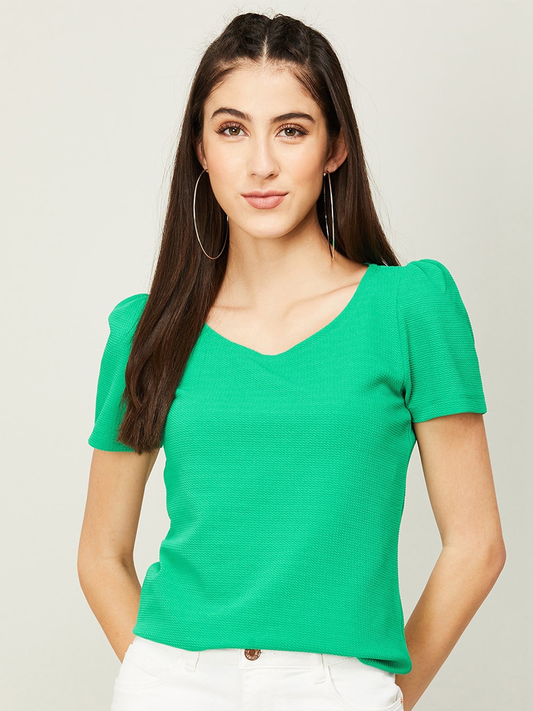 

CODE by Lifestyle Regular Puff Sleeves Crop Top, Green