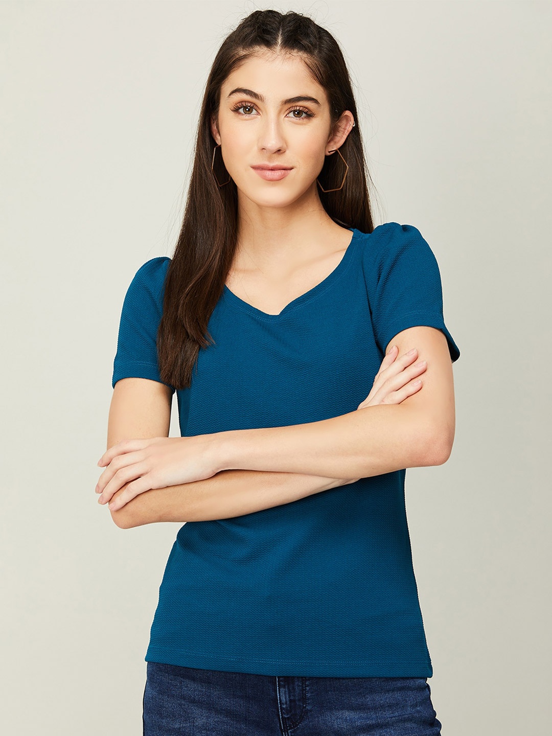 

CODE by Lifestyle V-Neck Puff Sleeved Top, Blue