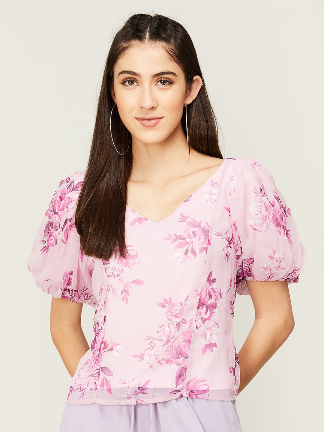 

CODE by Lifestyle Floral Print V-Neck Puff Sleeves Top, Purple