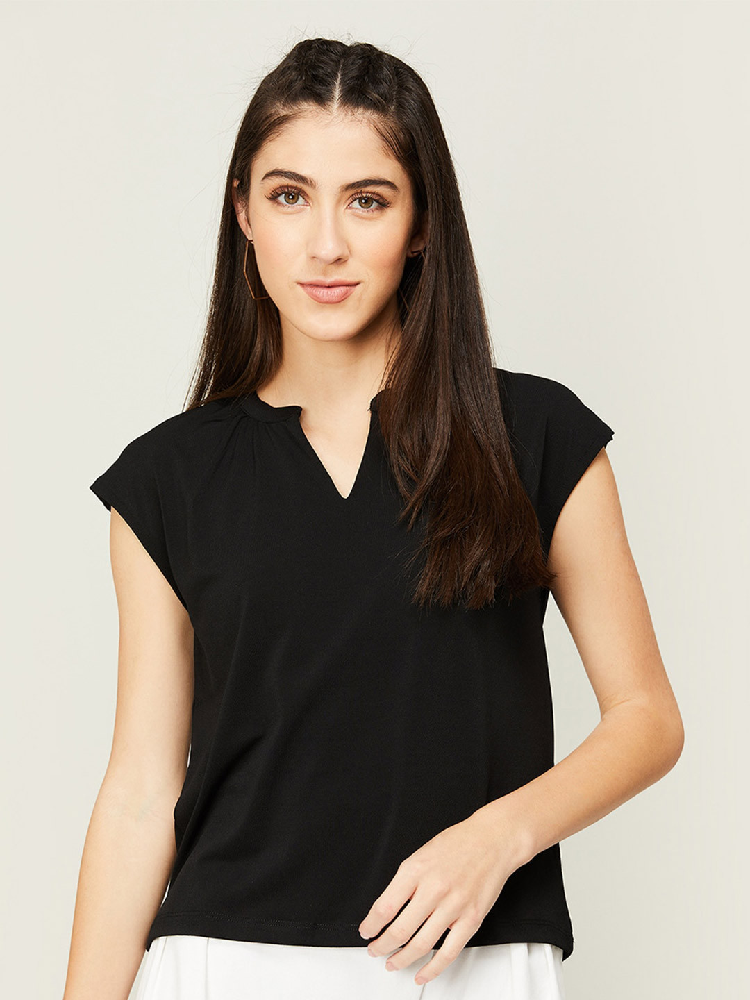 

CODE by Lifestyle Mandarin Collar Cap Sleeves Regular Fit Top, Black