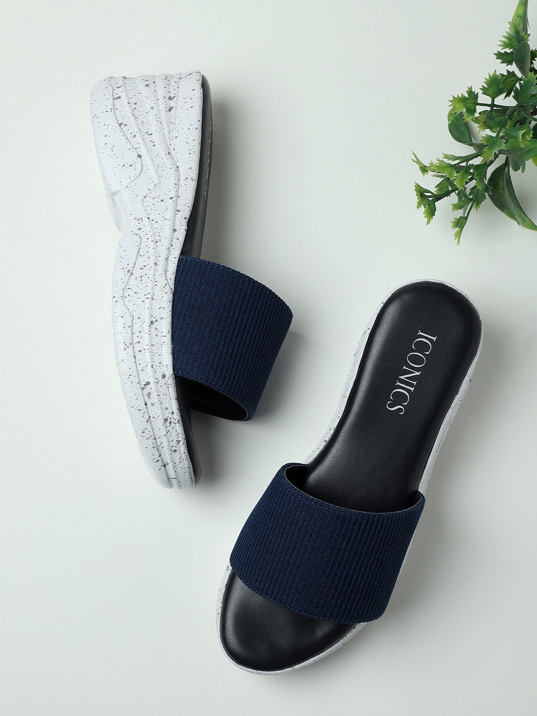 

ICONICS Woven Design Canvas Open Toe Wedges, Navy blue