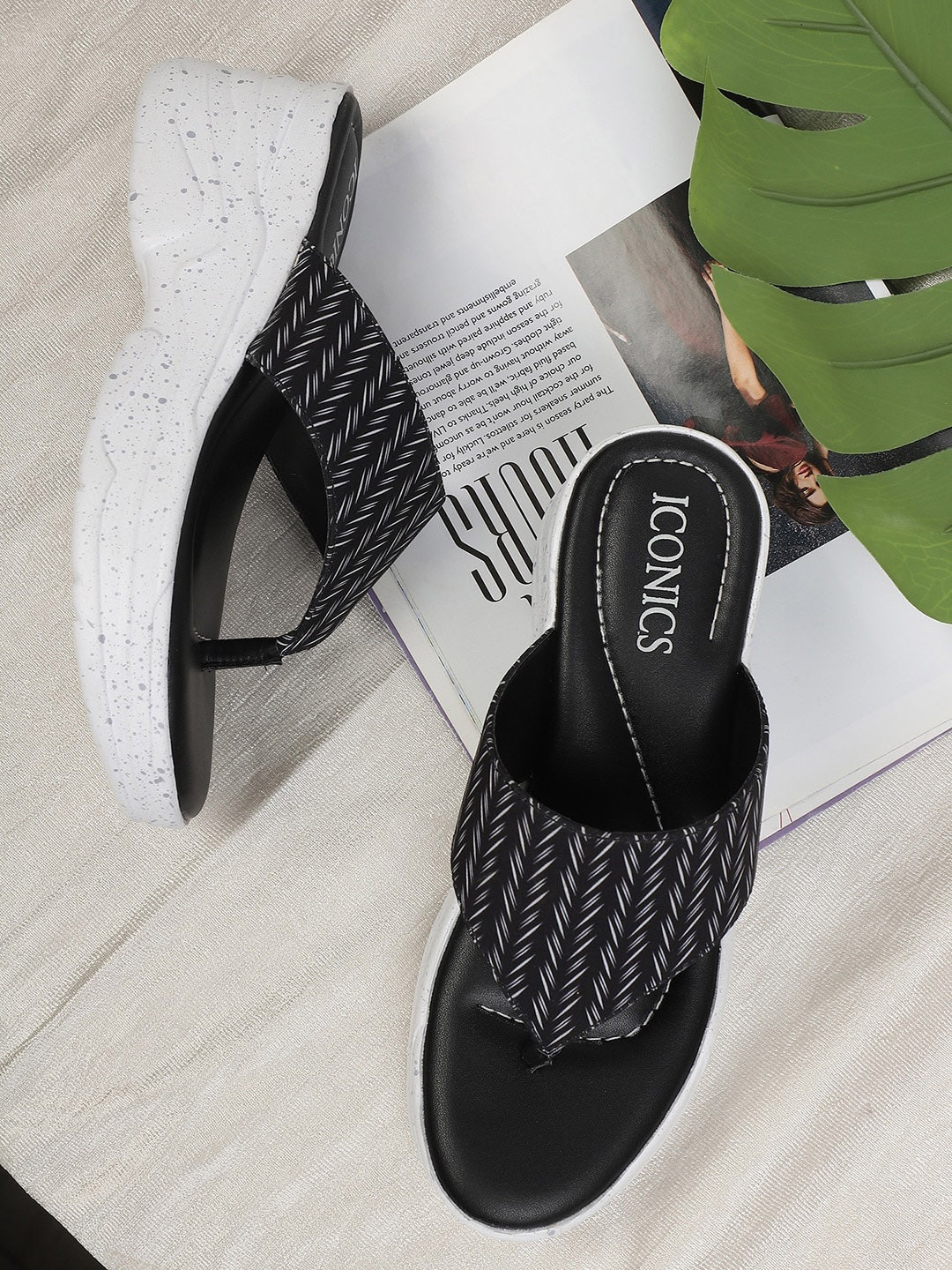 

ICONICS Printed Open Toe Wedges, Black