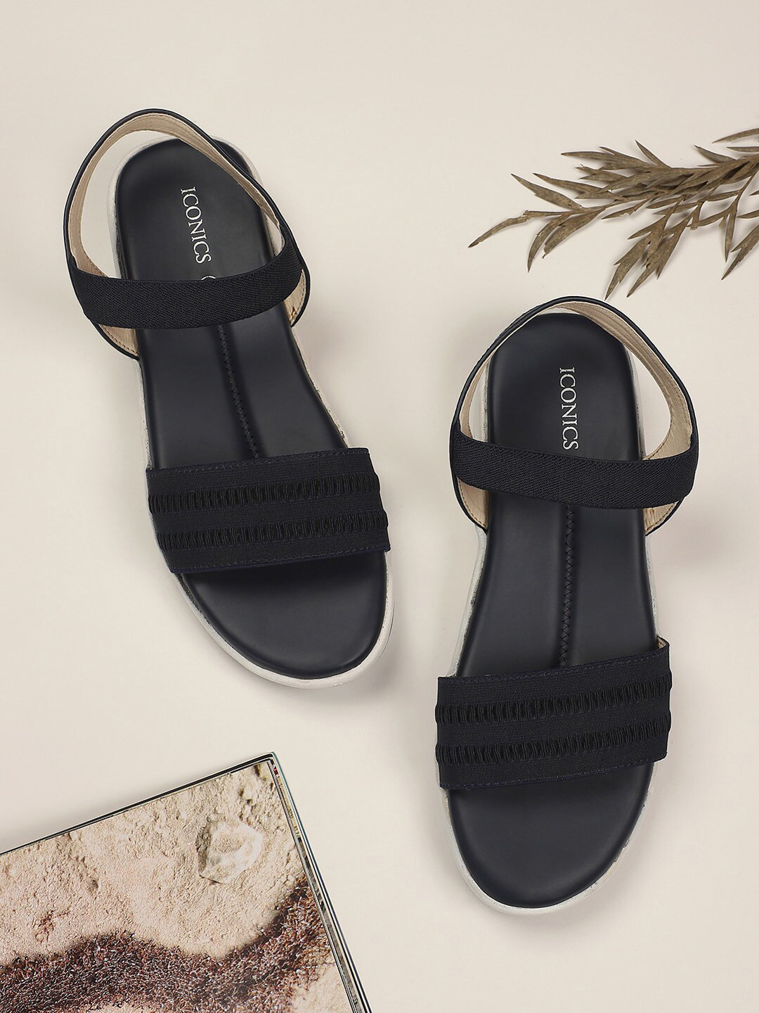 

ICONICS Woven Design Open Toe Wedges, Navy blue
