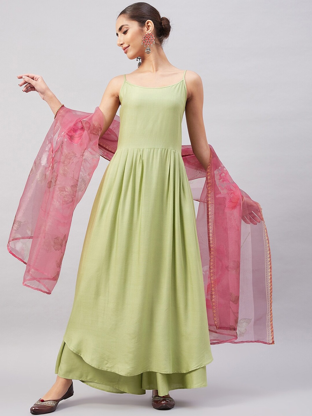 

InWeave Women Shoulder Straps Anarkali Kurta with Palazzos & Dupatta, Green