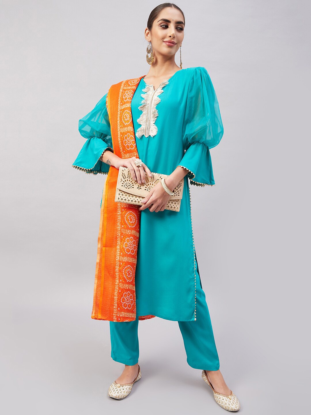 

InWeave Women Thread Work Kurta with Trousers & Dupatta, Blue