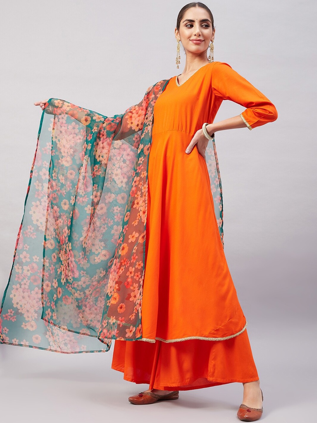 

InWeave Women Anarkali Kurta with Sharara & Dupatta, Orange