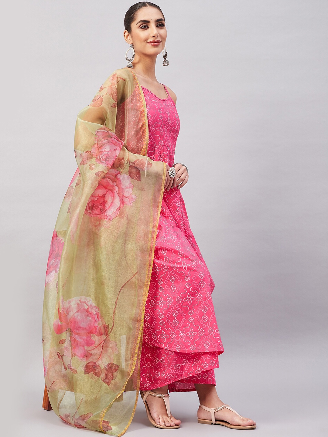 

InWeave Women Bandhani Printed Kurta with Sharara & Dupatta, Pink