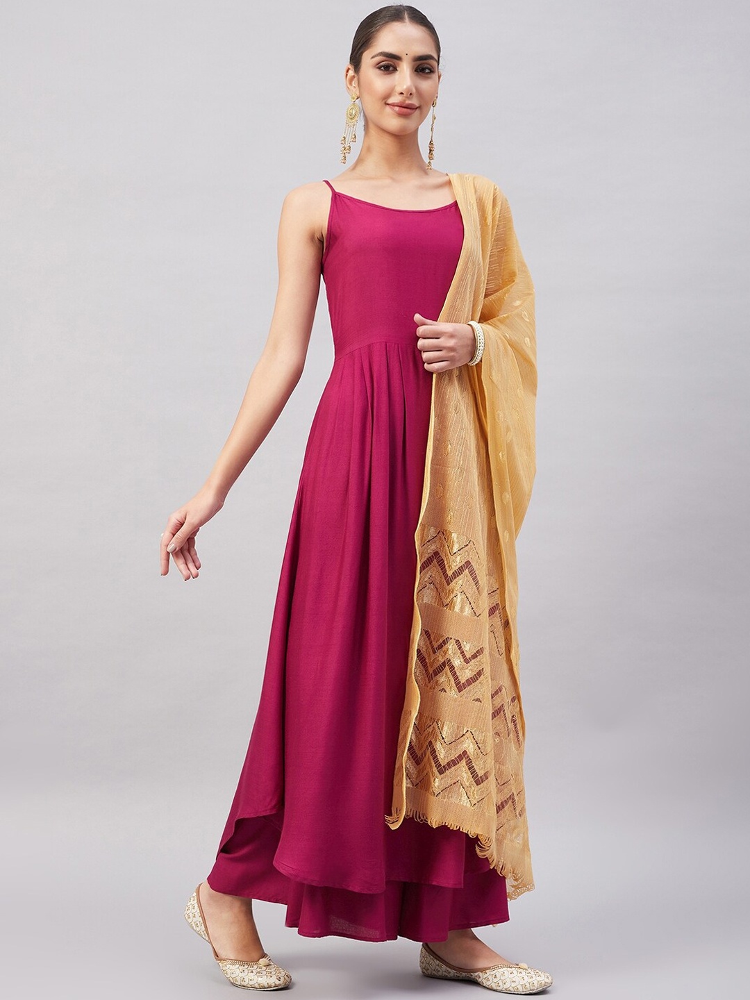 

InWeave Pleated Kurta with Palazzos & Dupatta, Purple