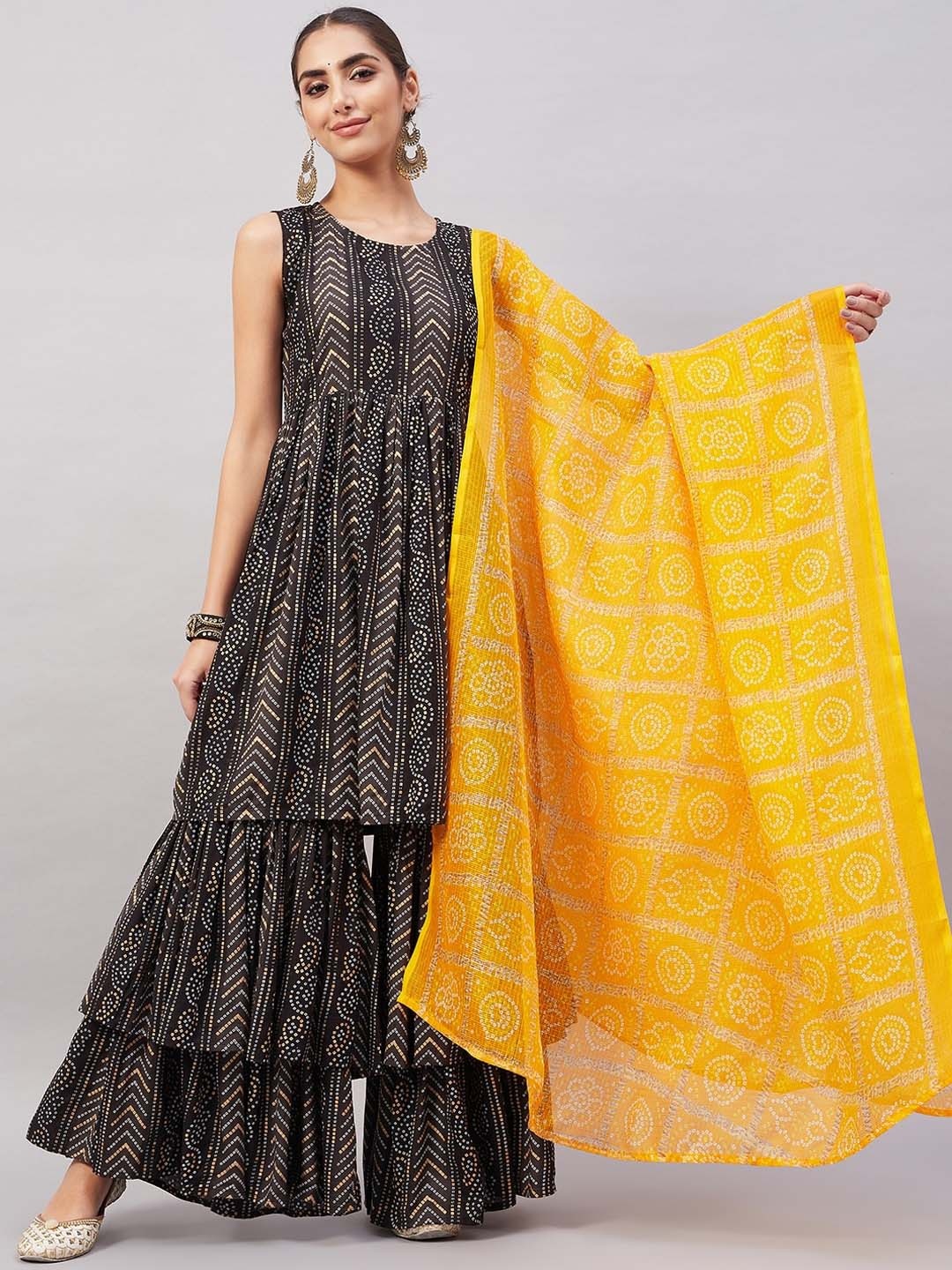 

InWeave Women Bandhani Printed Kurta & Sharara & With Dupatta, Black