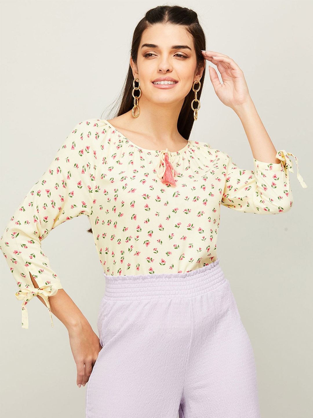 

Fame Forever by Lifestyle Floral Printed Tie-Up Neck Top, Yellow