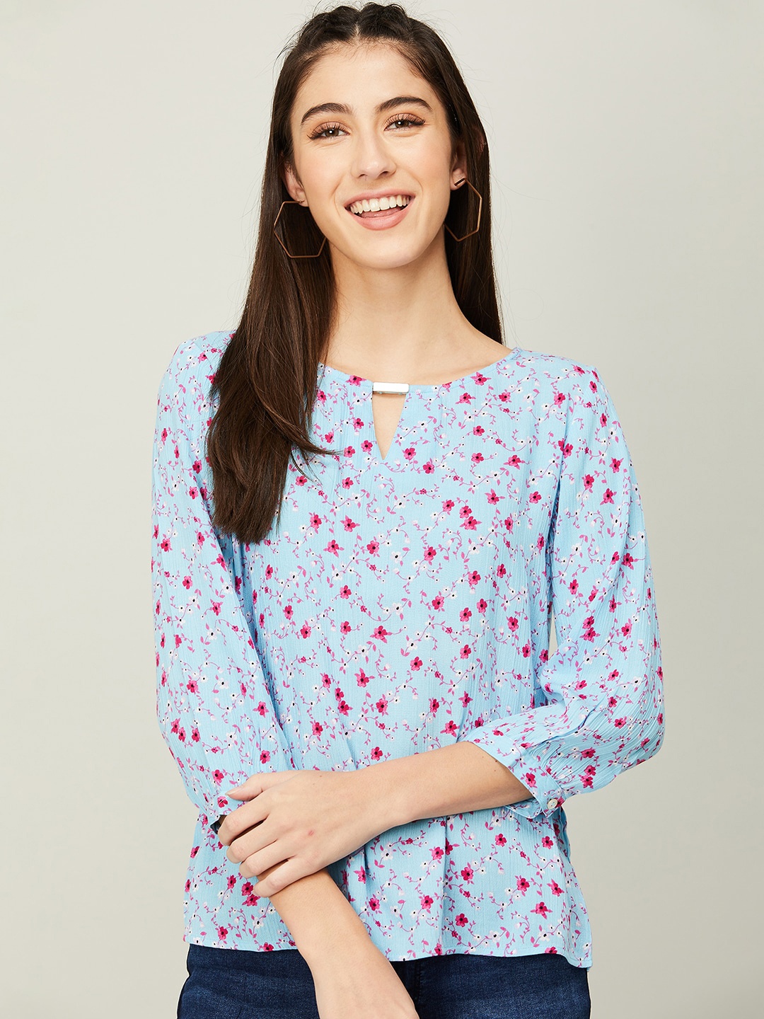

Fame Forever by Lifestyle Floral Print Keyhole Neck Top, Blue