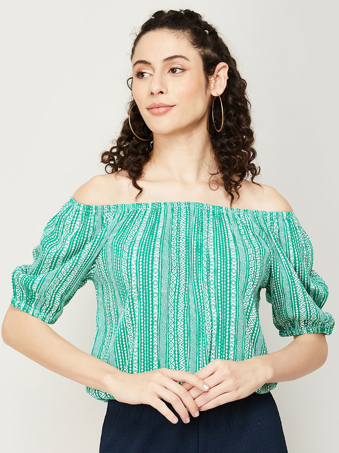 

Fame Forever by Lifestyle Striped Off-Shoulder Bardot Top, Green