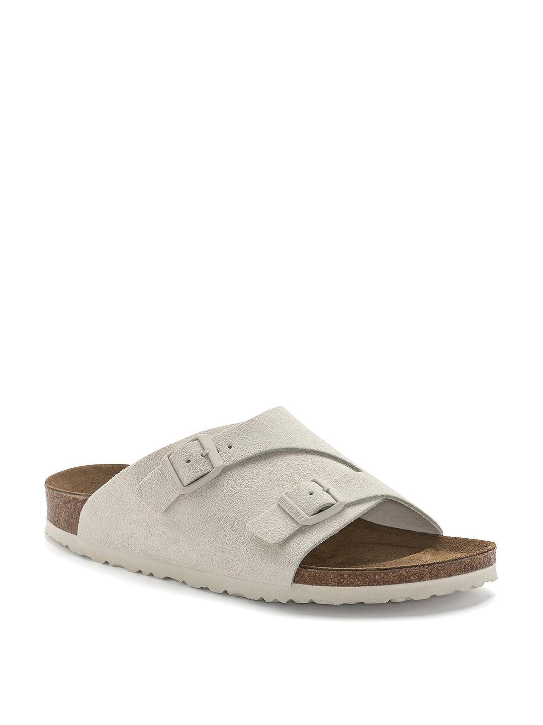 

Birkenstock Zurich Antique Narrow Width Suede Two-Strap Sliders, White