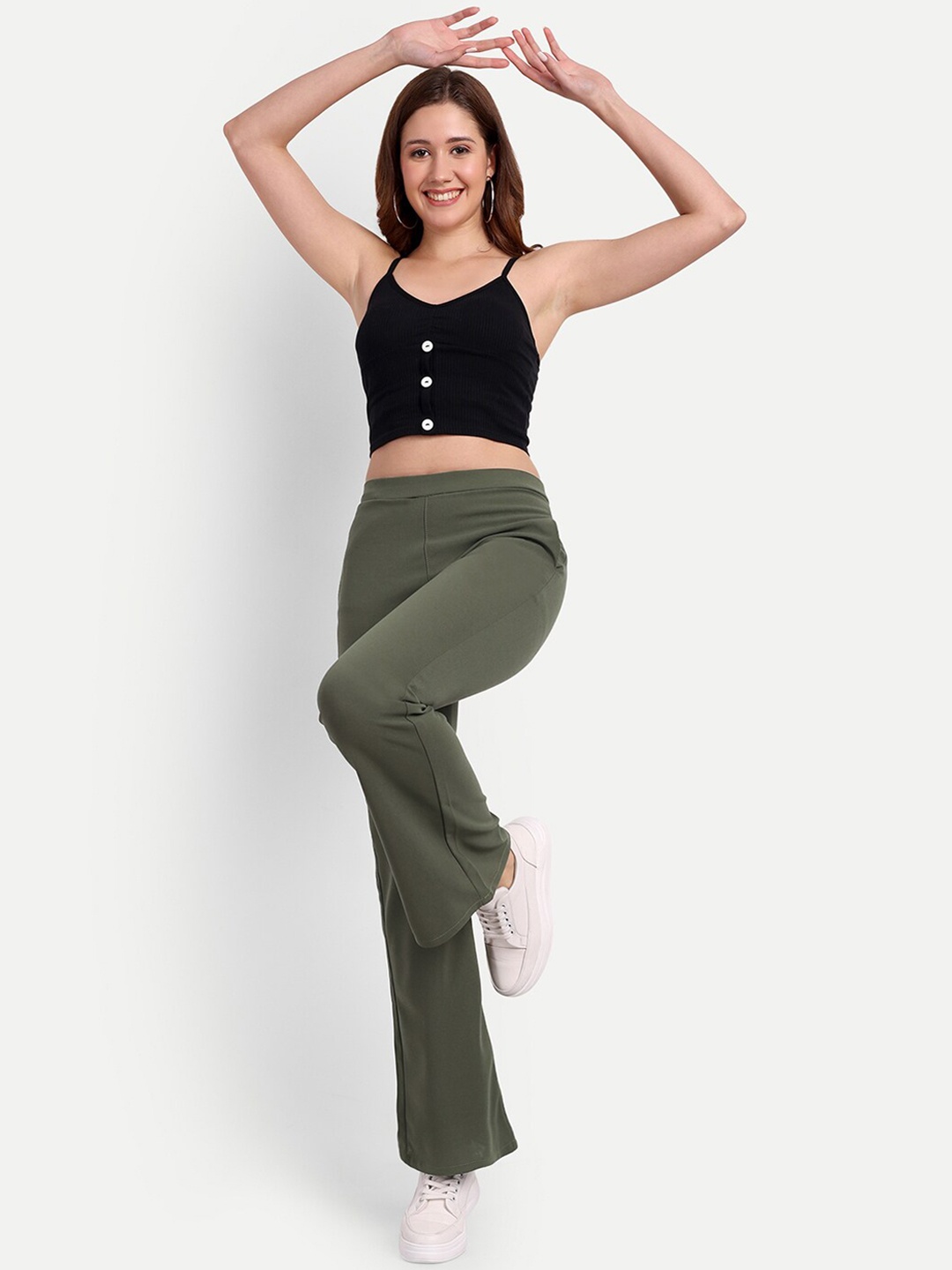 

Next One Women Relaxed Flared High-Rise Non Iron Trousers, Olive