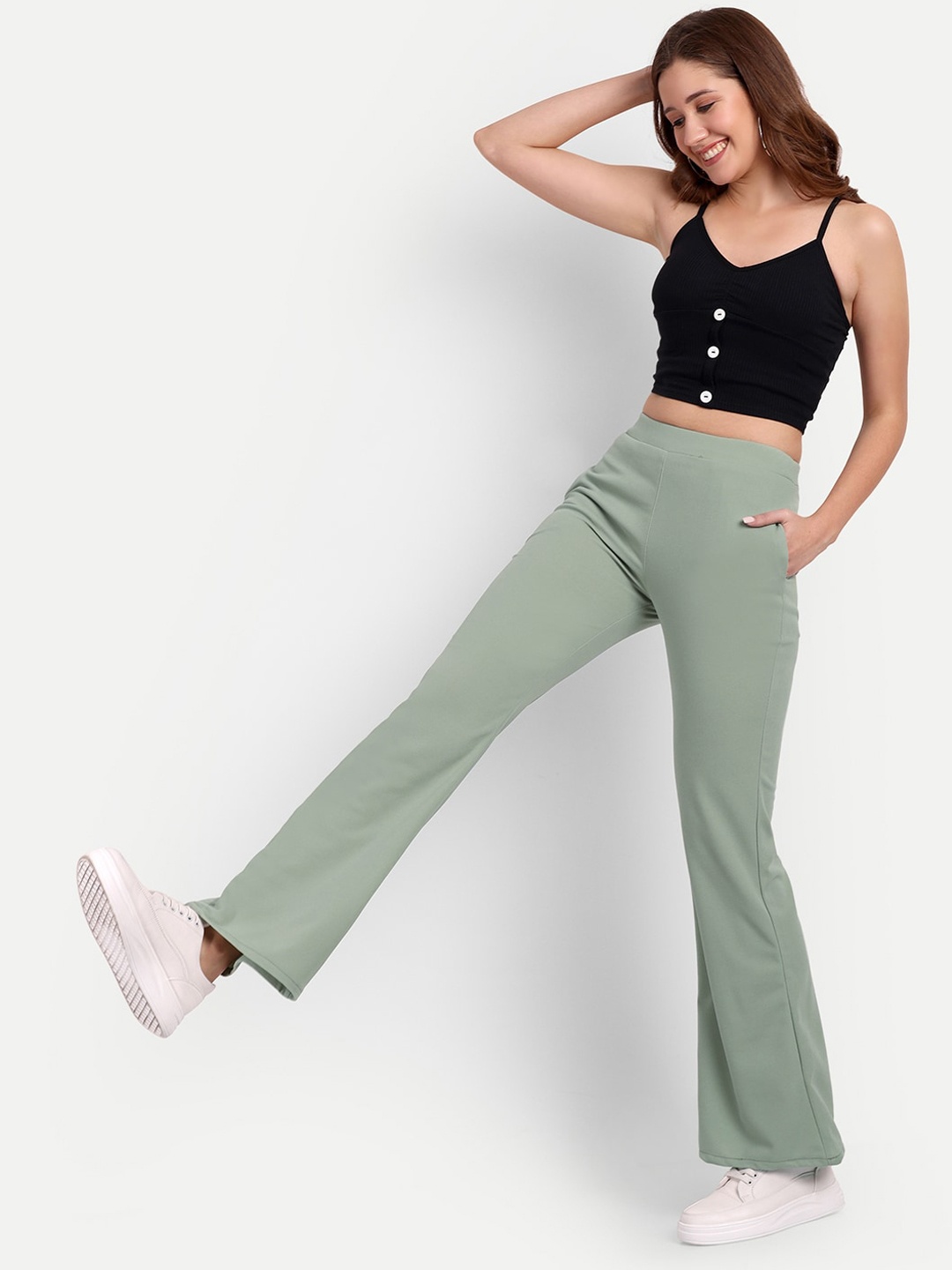 

Next One Women Women Relaxed Flared High-Rise Non Iron Bootcut Trousers, Sea green