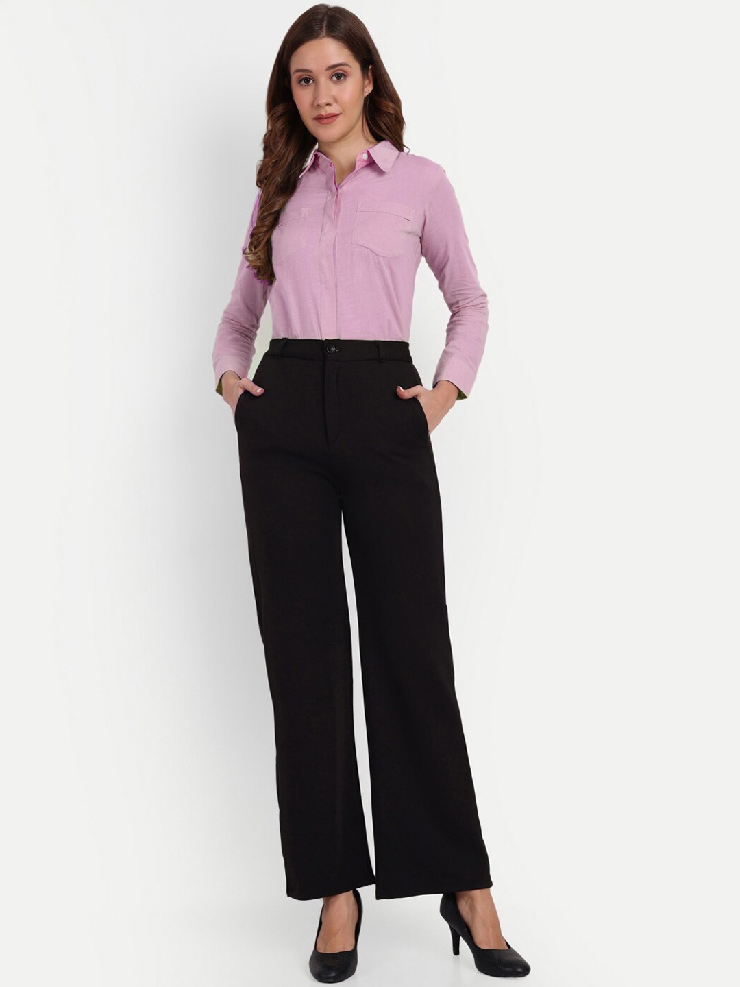 

Next One Women Smart Loose Fit High-Rise Easy Wash Formal Trousers, Black
