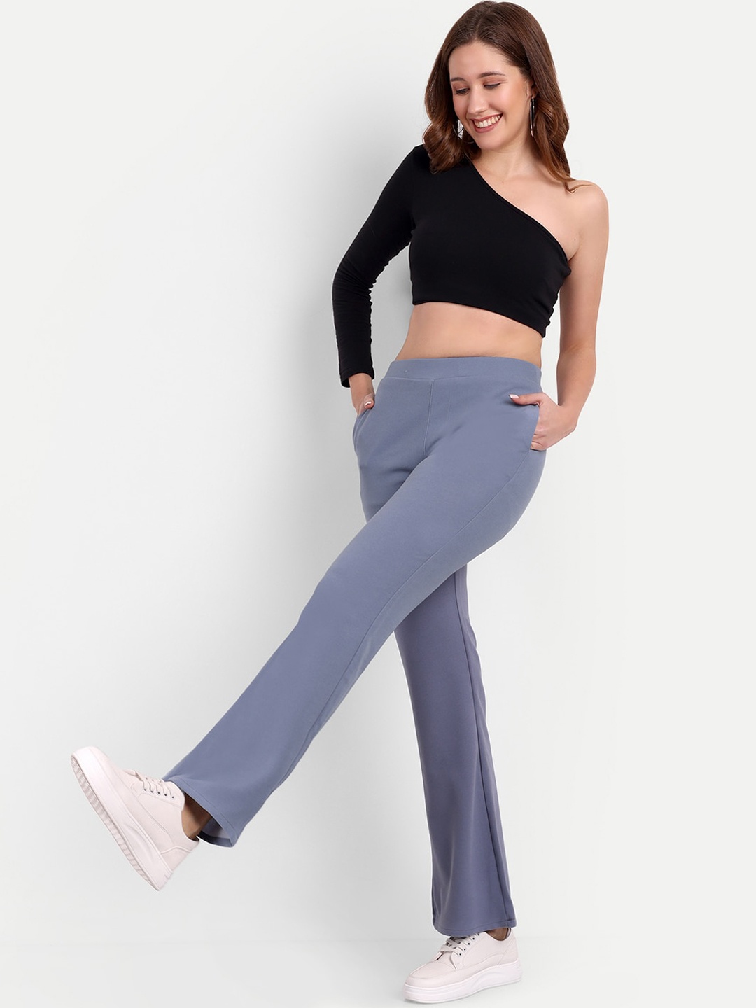 

Next One Women Relaxed Flared High-Rise Non Iron Bootcut Trousers, Grey