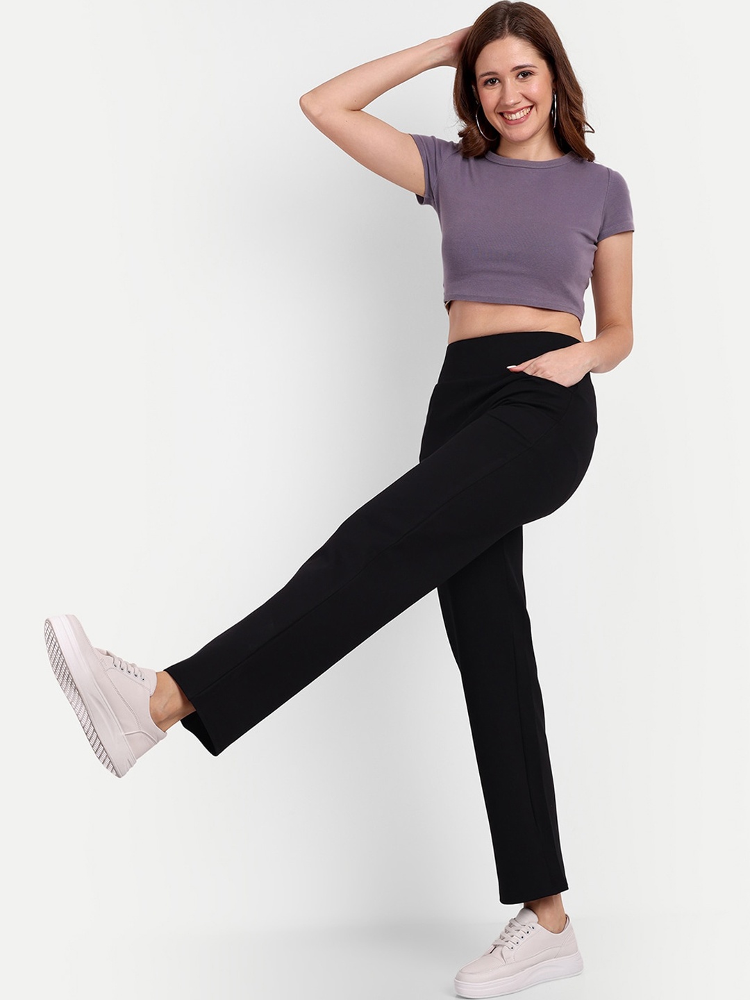 

Next One Women Relaxed Straight Leg Straight Fit High-Rise Easy Wash Parallel Trousers, Black