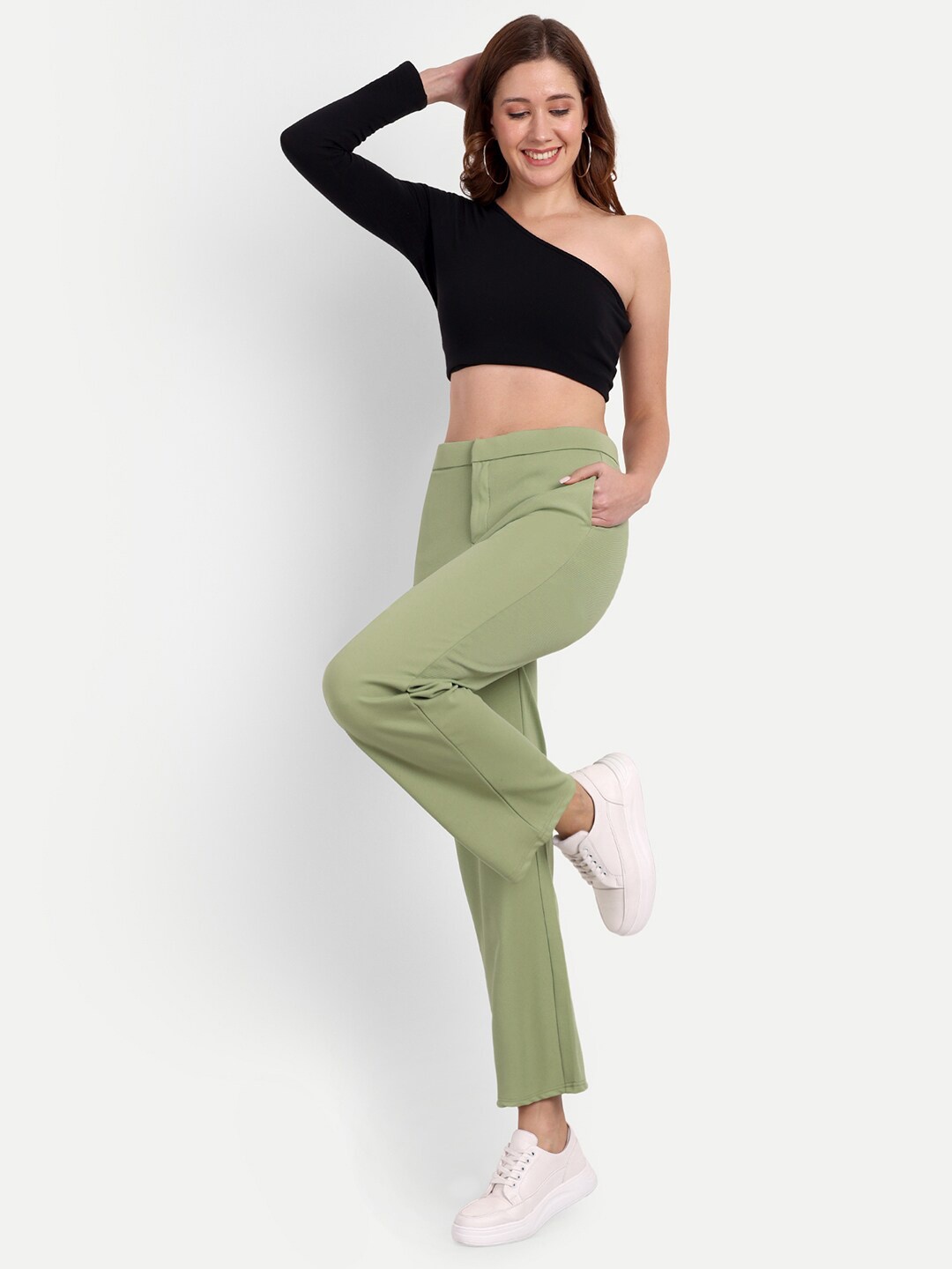 

Next One Women Relaxed Straight Leg Straight Fit High-Rise Easy Wash Trousers, Green