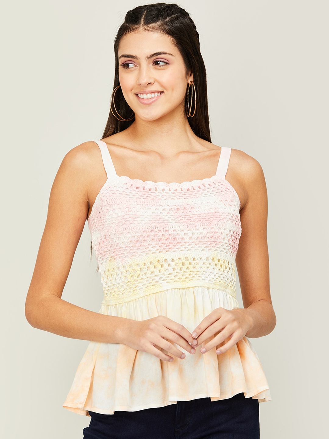 

Ginger by Lifestyle Self Design Smocked Shoulder Strap Cotton Peplum Top, Cream
