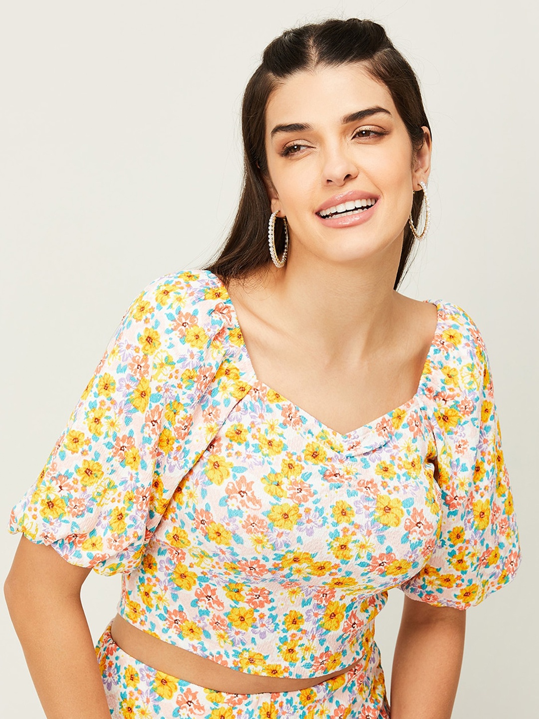 

Ginger by Lifestyle Floral Print Sweetheart Neck Crop Top, Yellow