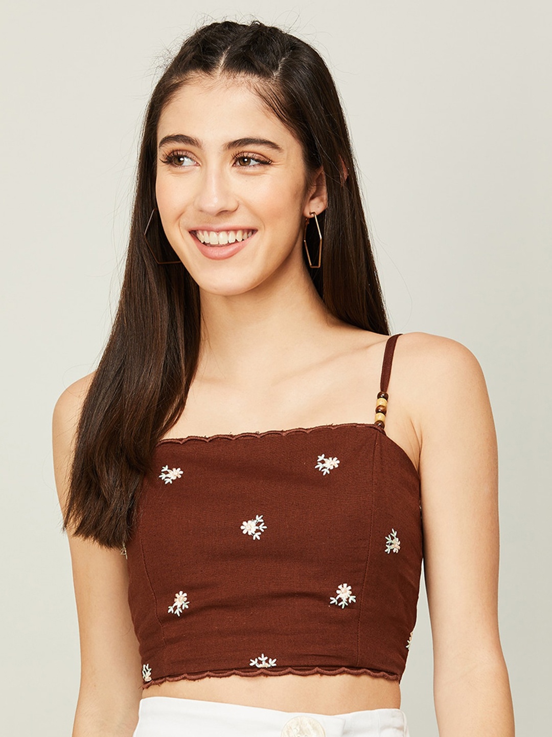 

Ginger by Lifestyle Embroidered Cotton Crop Top, Brown