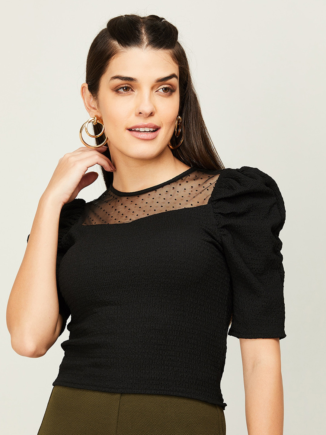

Ginger by Lifestyle Self Design Puff Sleeves Crop Top, Black