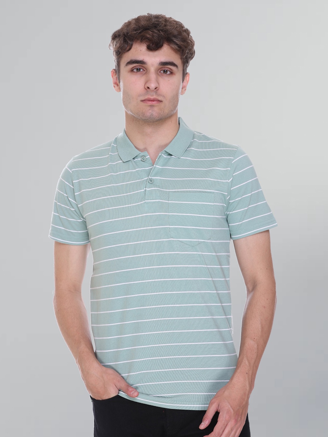 GODFREY Men Striped Polo Collar Cotton T-shirt, Green
