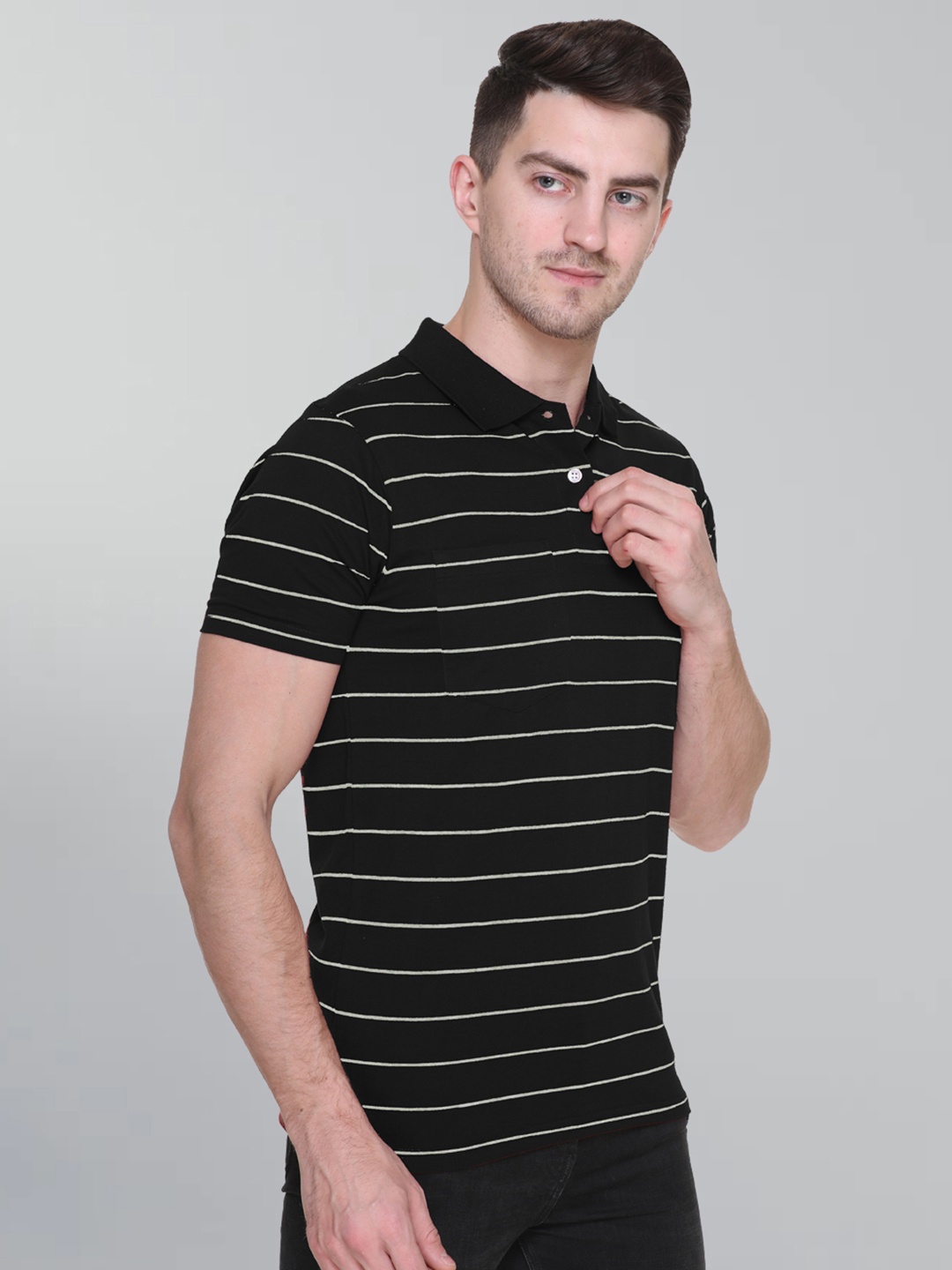 

GODFREY Men Striped Monochrome Polo Collar Cotton T-shirt, Black