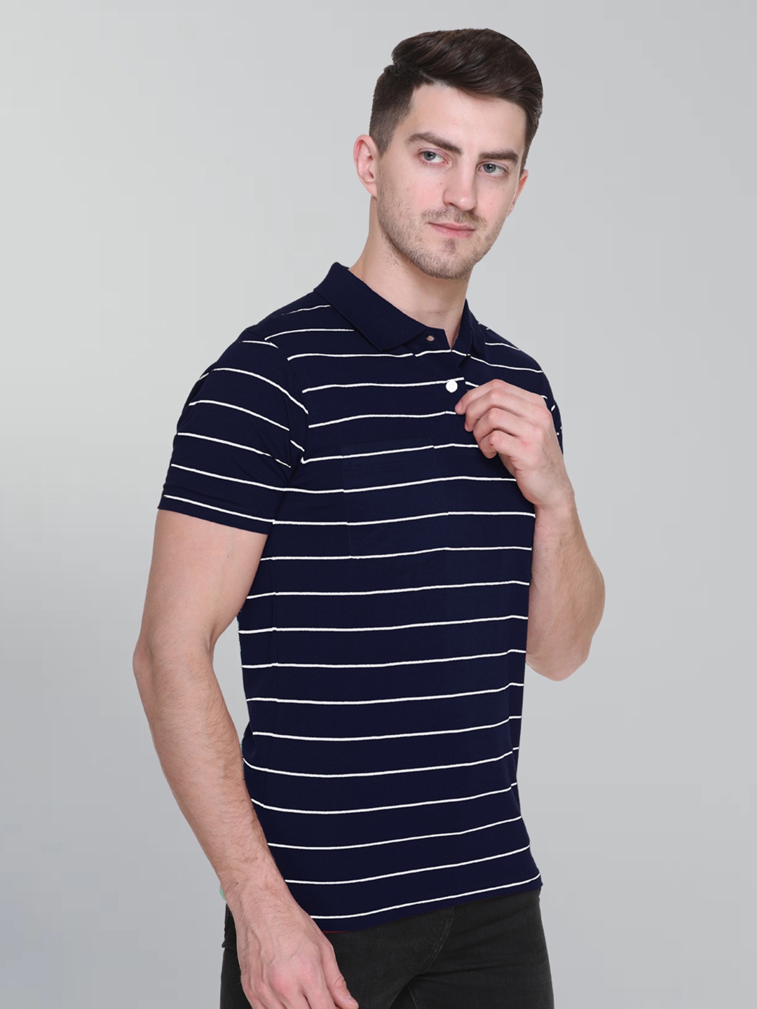 

GODFREY Men Striped Polo Collar Cotton T-shirt, Navy blue