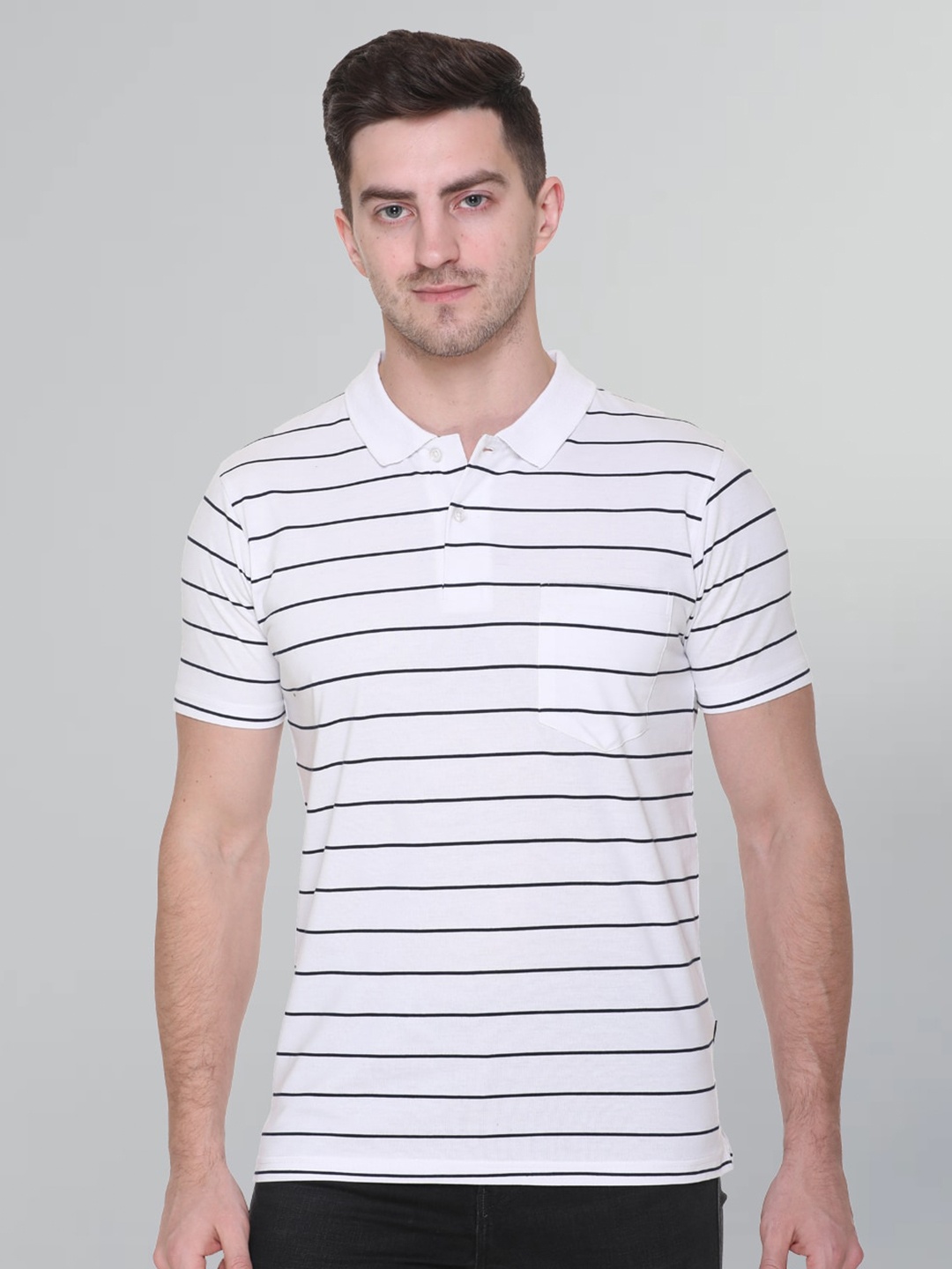 GODFREY Striped Polo Collar Cotton T-shirt, White