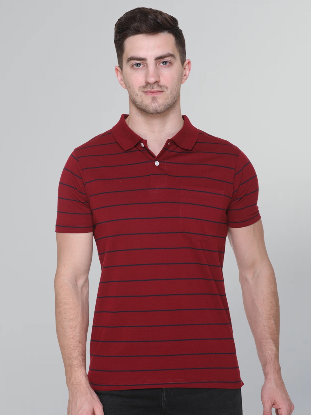 

GODFREY Men Striped Polo Collar Cotton T-shirt, Maroon