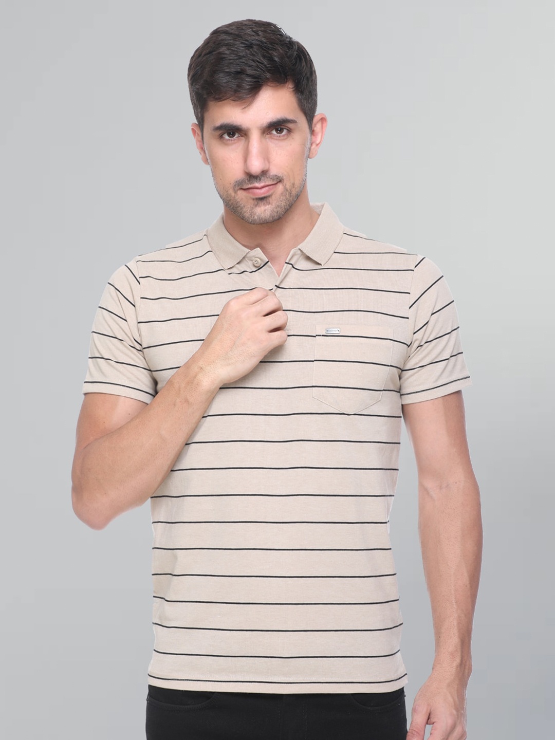 GODFREY Men Striped Polo Collar Cotton T-shirt, Beige