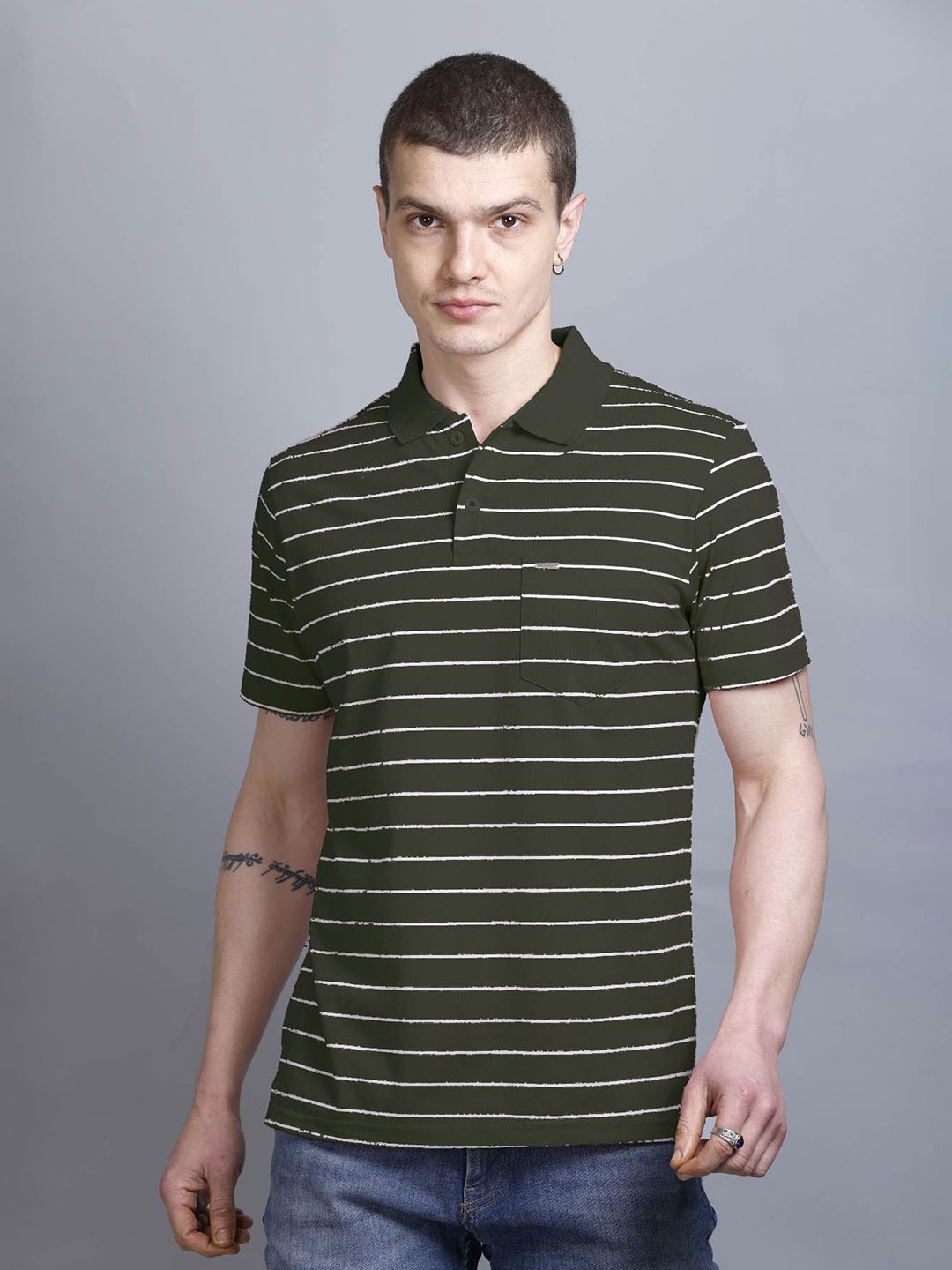 

GODFREY Men Striped Polo Collar Cotton T-shirt, Olive