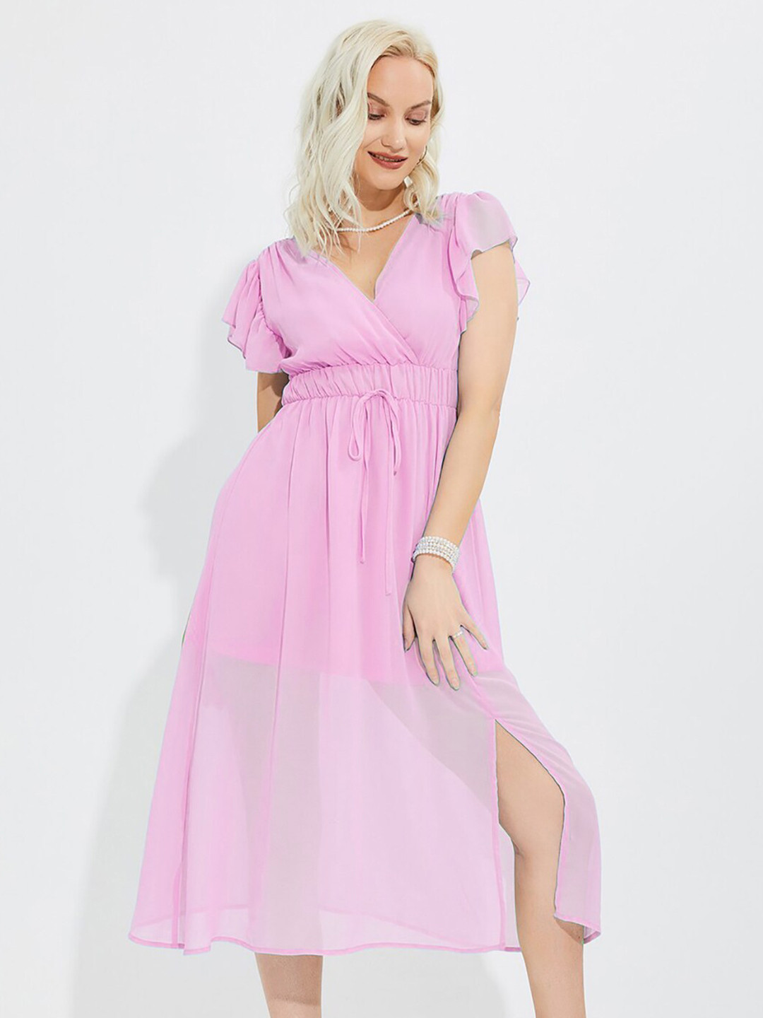 

Womenster Layered Georgette Wrap Dress, Pink