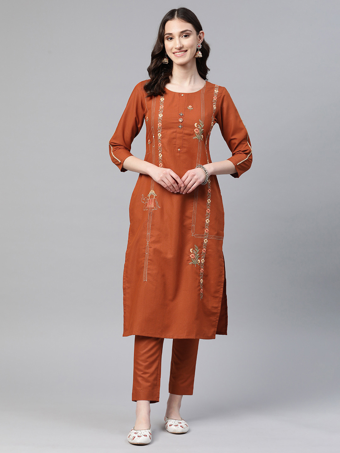 

LAAKHI Floral Embroidered Kantha Work Kurta With Trousers, Orange