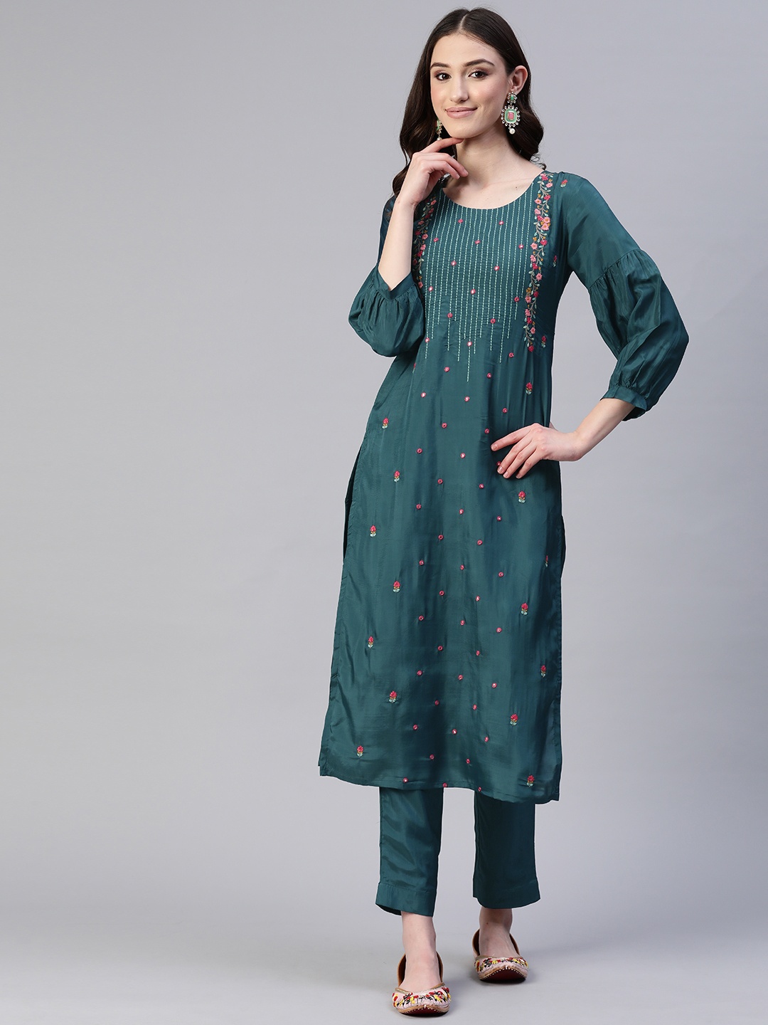 

LAAKHI Floral Embroidered Straight Kurta With Trousers, Blue