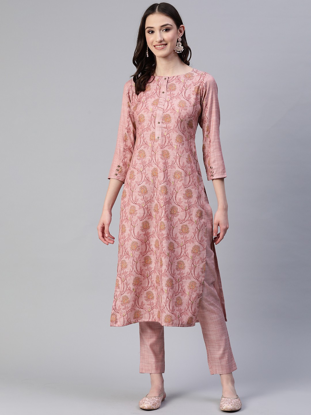 

LAAKHI Floral Printed Straight Kurta With Trousers, Pink