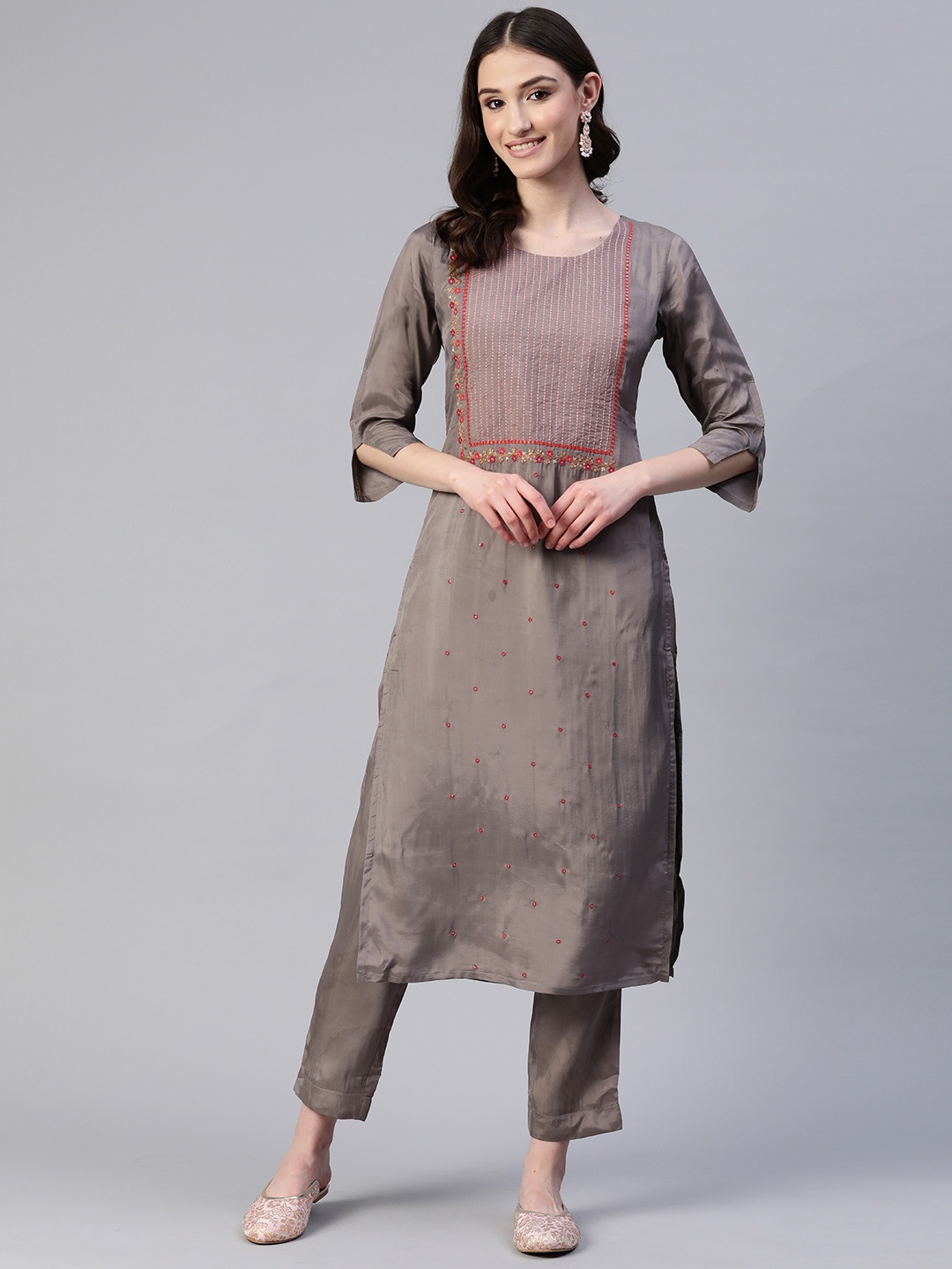 

LAAKHI Embroidered Straight Kurta With Trousers, Brown