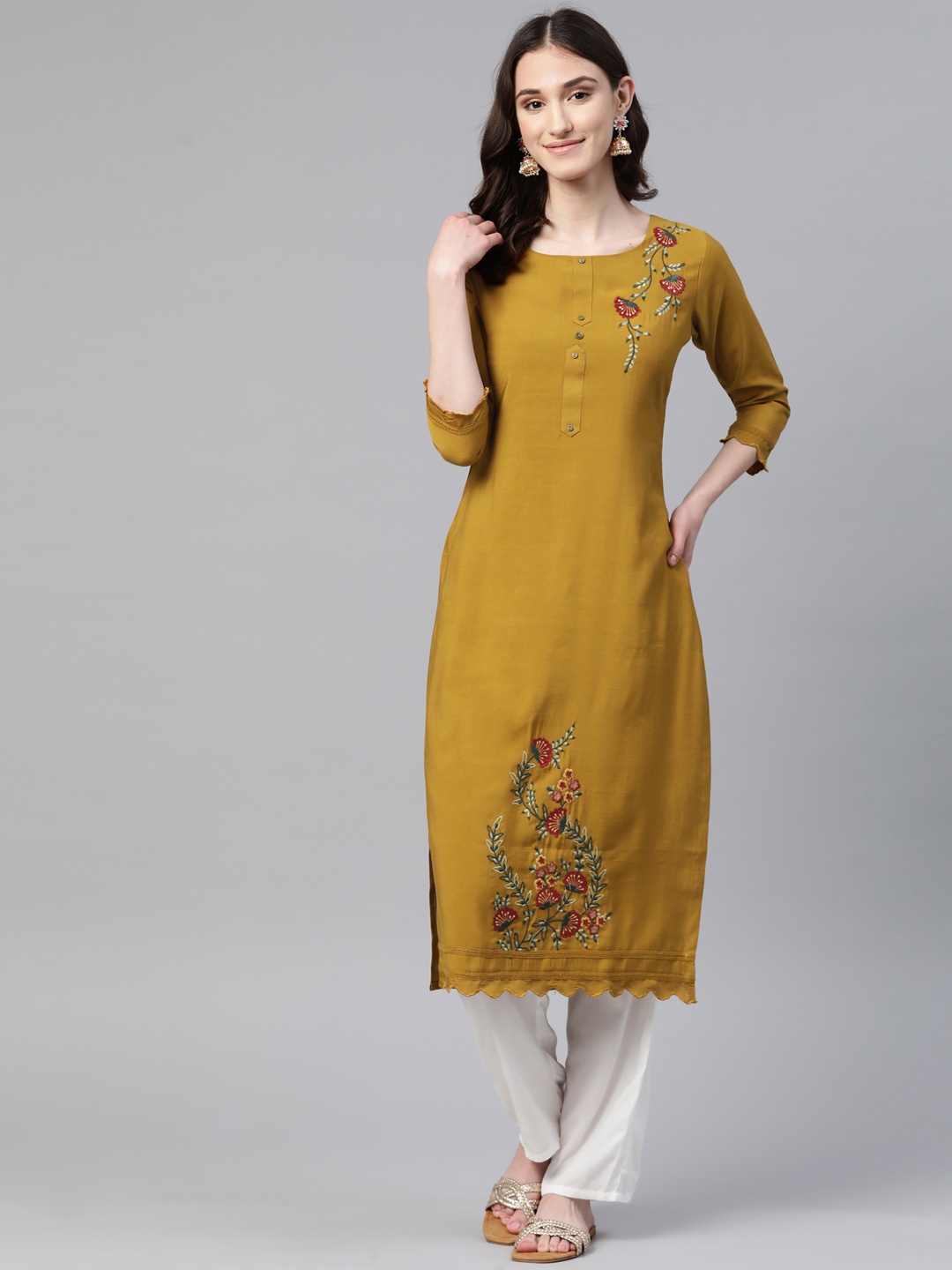 

LAAKHI Floral Embroidered Kurta, Mustard