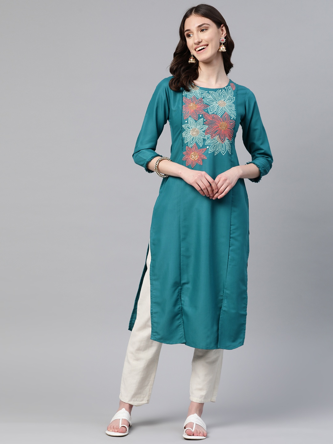 

LAAKHI Floral Embroidered Mirror Work Kurta, Blue
