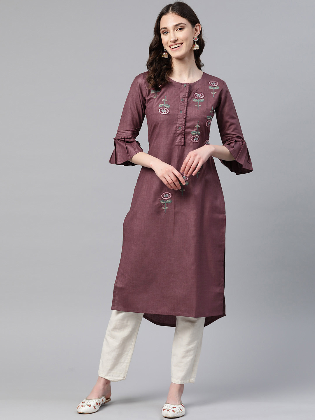 

LAAKHI Floral Embroidered Bell Sleeves Thread Work Kurta, Purple
