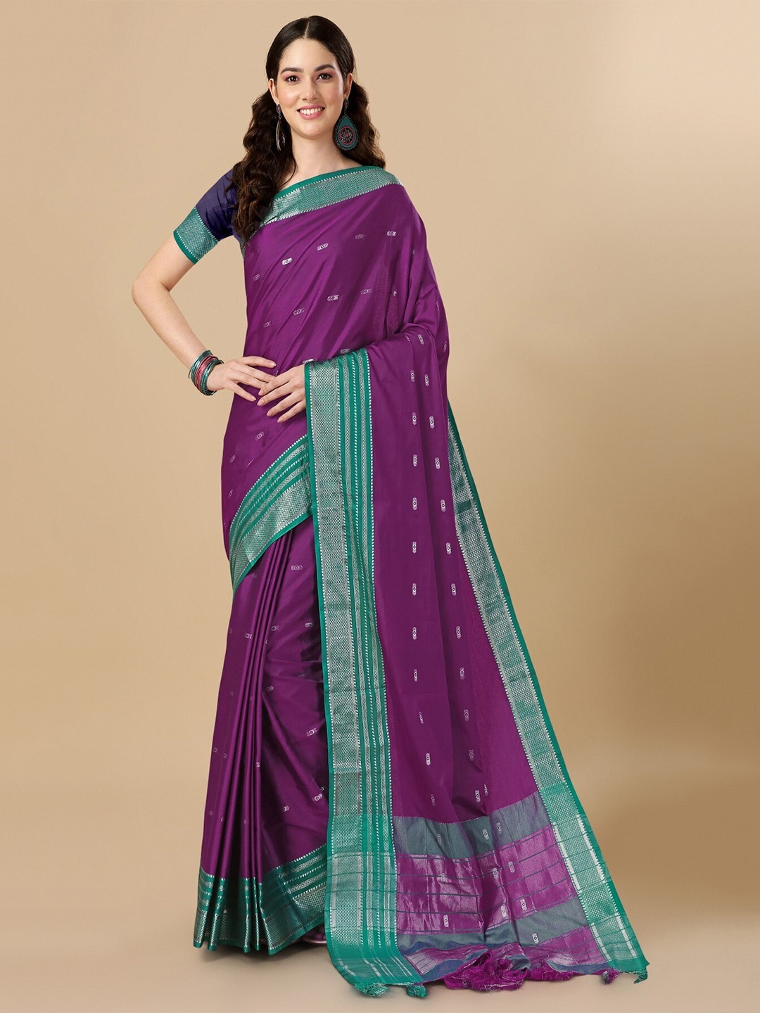 

TEREZA Woven Design Zari Silk Blend Kanjeevaram Saree, Purple